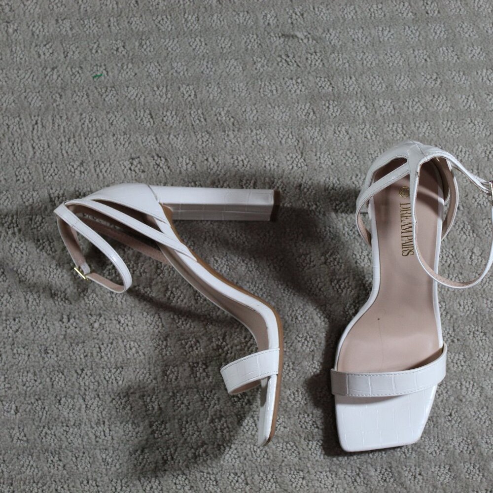 Dream Pairs White Faux Crocodile Print Square Toe 4.25" Slim Block Heels